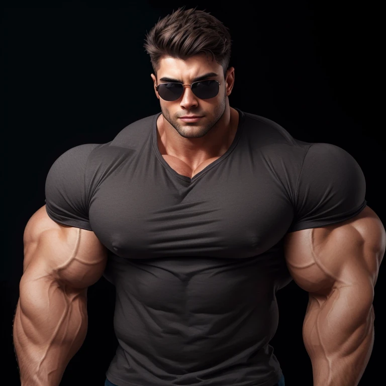 a very handsome young man, sunglasses, wearing a gray shirt, exaggeratedly muscular, exaggeratedly huge muscles, on a black background