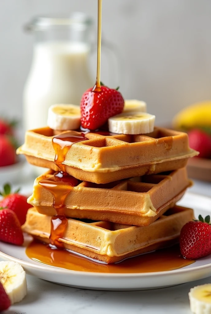 Picture of square waffles with maple syrup, strawberries and banana