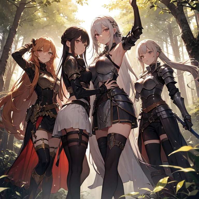 A group of female knight, (in forest), various hair styles, harem, wearing armored clothes, metal armor, night, details face, , short skirt, seducing, sword, showing armpits, sleeveless