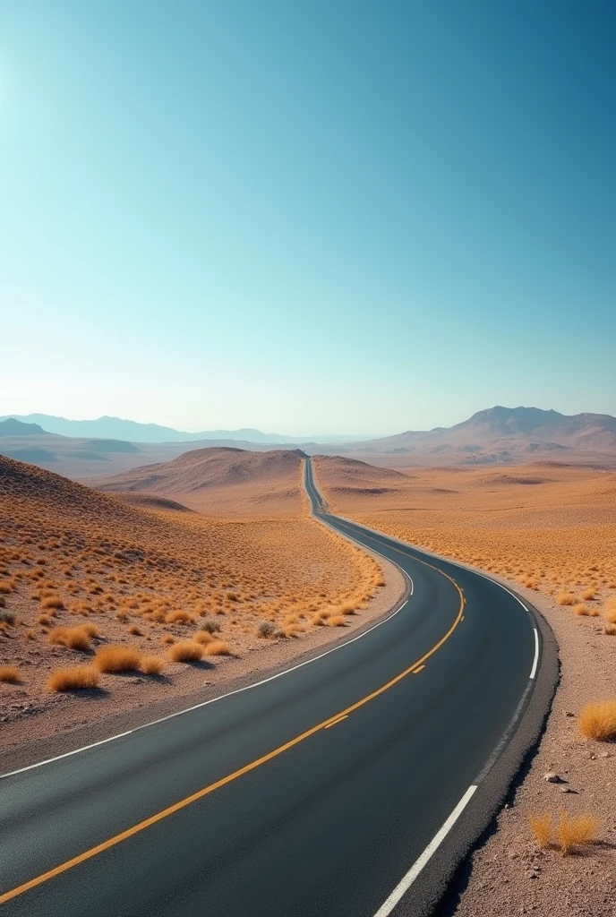 Road seen from the sky making a slight curve to the right in a semi-desert