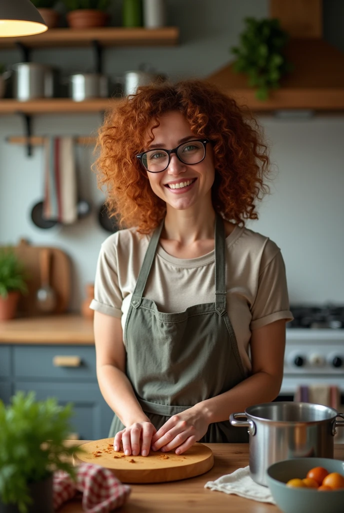 Woman with curly hair wearing glasses cooking