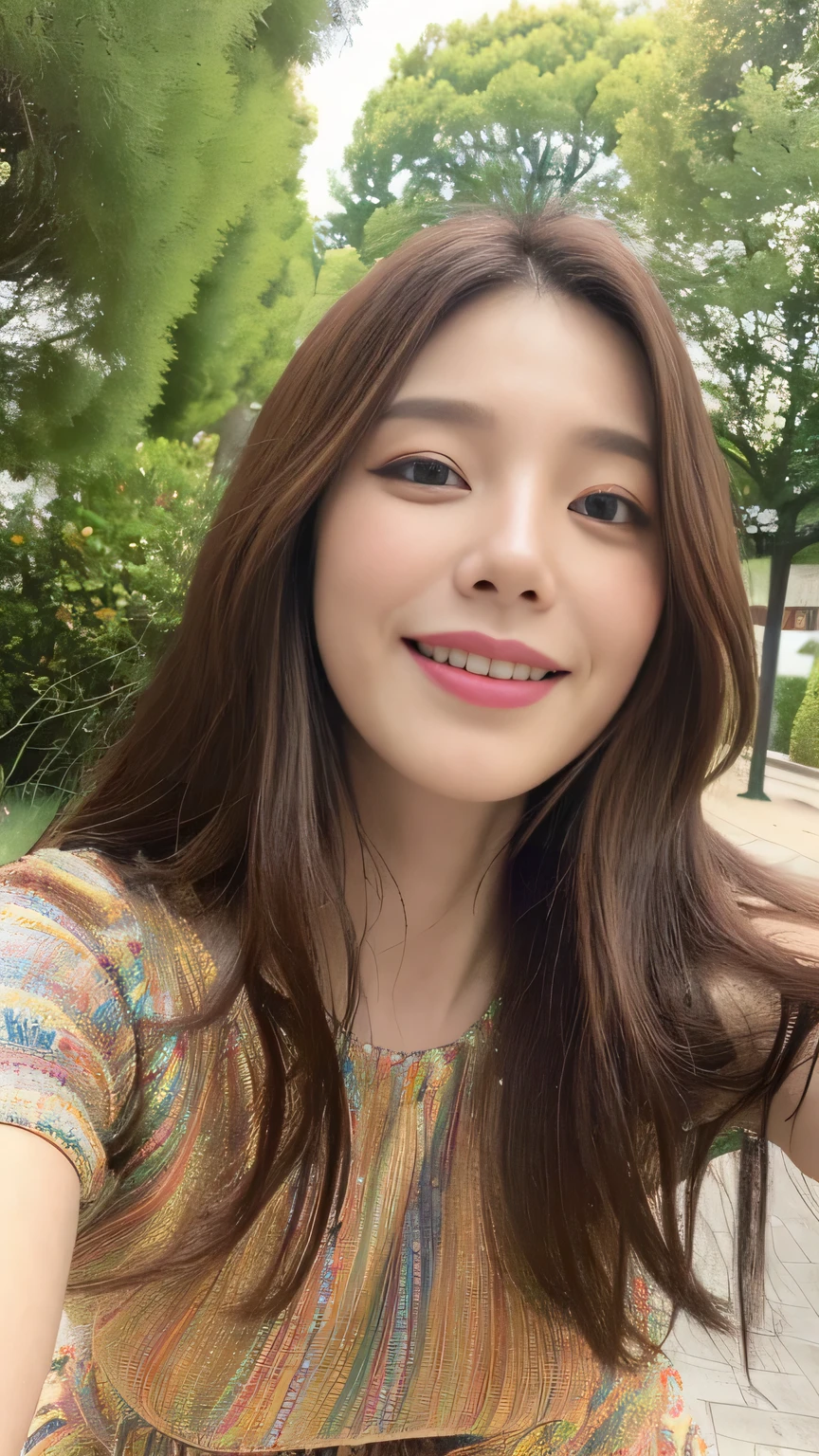 seed:2020674263.((Full body angle:1.1)).((Highest quality, 8k, masterpiece:1.3)), ((from below:1.1)).concentrated:1.2, Perfect body beauty:1.4, Hips:1.2, ((Delicate Hair)), (Colorful waist cinematographed dress :1.1) , ((Highest quality、8k、masterpiece:1.3))、1girl、A sloppy smile、Esbian all over body、Slim face、Big Boobs、Beautiful woman、(Dark Brown Hair)、Long Hair、1.1、Flickering Valley、Detailed eyes、double eyelid、Blurred Background、超Slim face、Smile、Looking down、stroll、((close-up)).