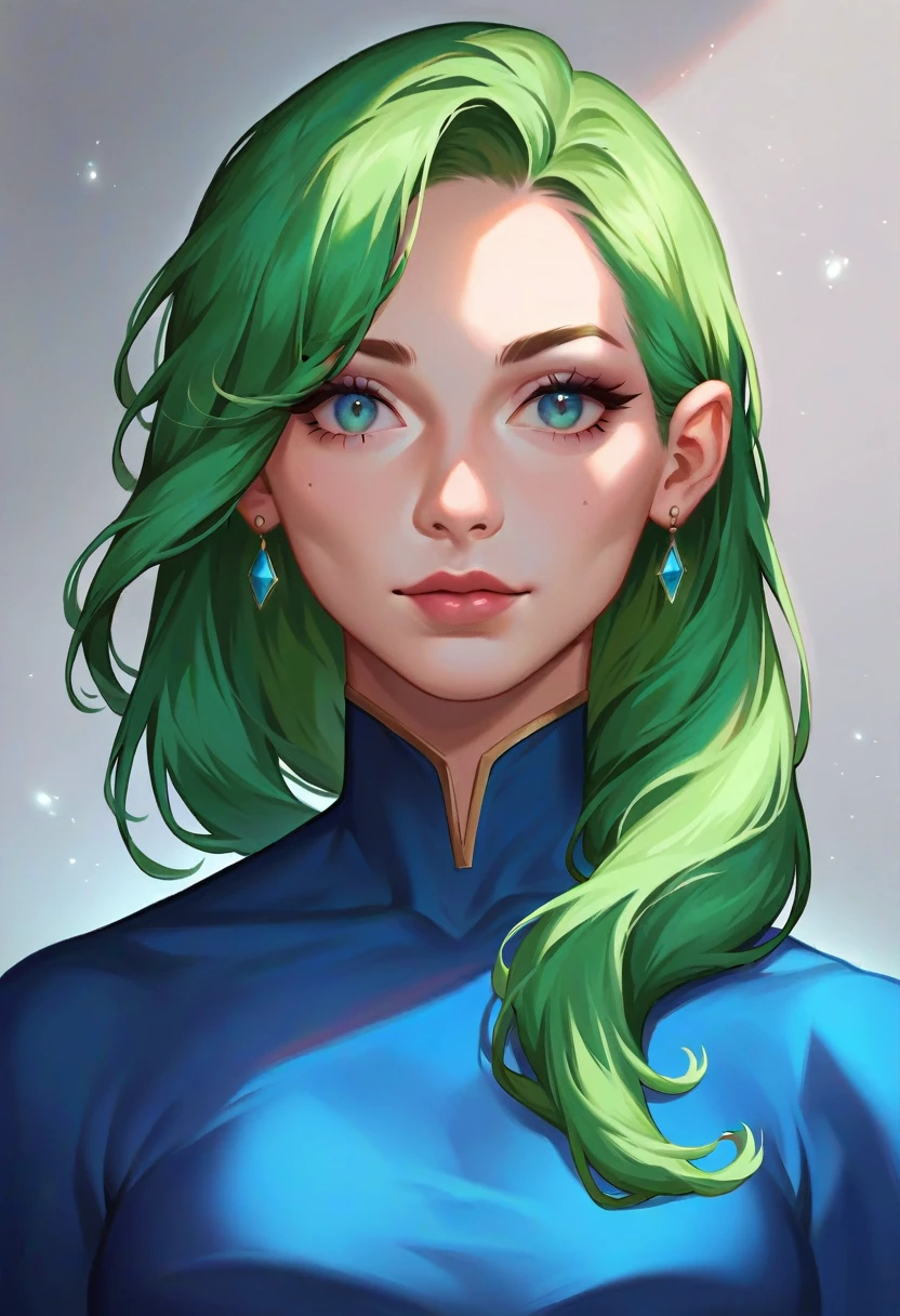 score_9,score_8_up,score_7_up, woman in blue dress with green hair, upperbody