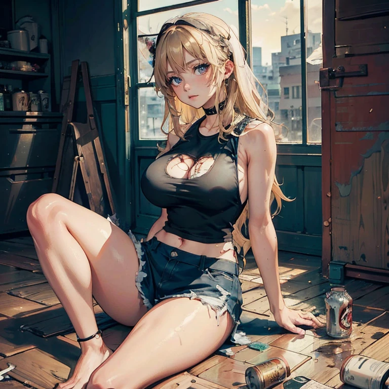 Anime Kawaii sexy Perfect Slim sensual body large breast and huge thighs, An intricate and highly detailed illustration of anime (Young girl)  (best qualityer, work of art) ((1 girl)), ((única Woman)), Woman, Thick, big cleavage, Jumpy, hot head, melhorar, skin tanned, ((abdomen)) (darkskin) eyes black, hair blonde, Messy hair, ((((Tank Tops)))), sloppy, sitting on the floor, messy table, empty canned beers, inside a house
