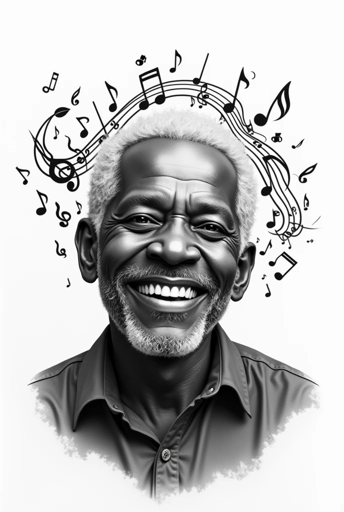 Black and white draw of an old black countryman smilling with music around his head  