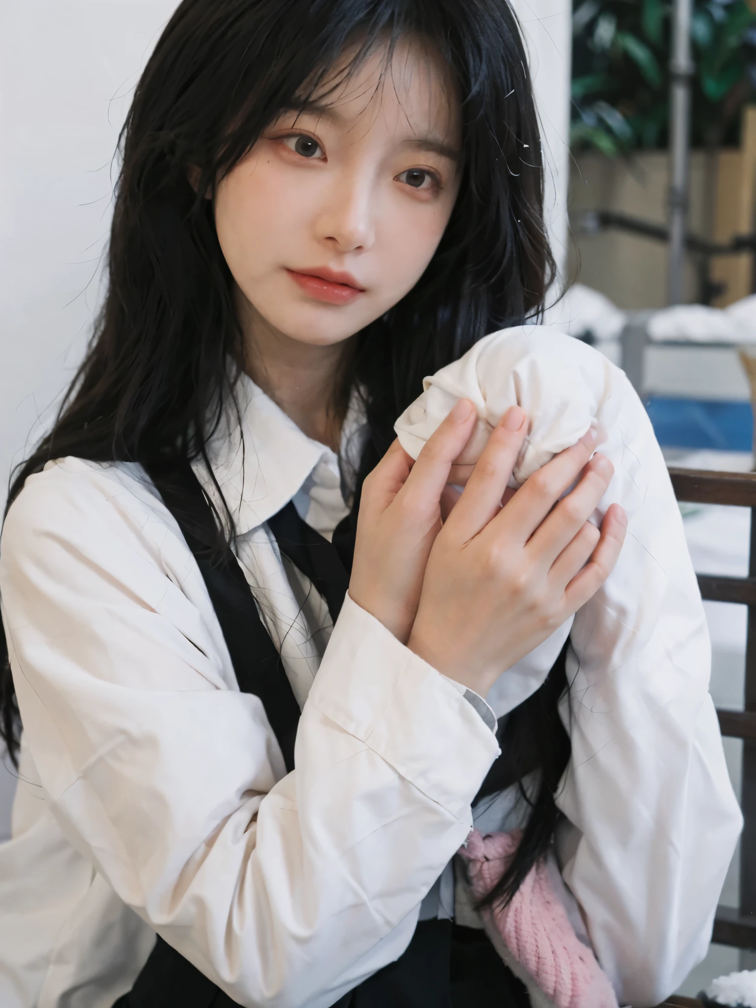Best quality,Ultra-high resolution,(Realism:1.4),Girl,Pink long hair,A pair of clear and moving eyes,Royal sister,Snow-white school uniform,Close-up eyes