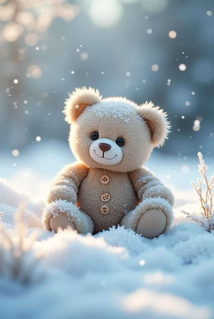 Cute teddy bear in the snow with ice crystals