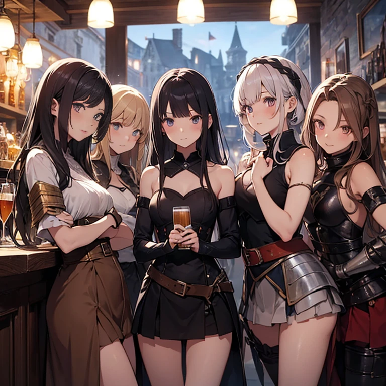 A group of female medieval fantasy adventurers, (in tavern), various hair styles, harem, night, details face, short skirt, seducing, sleeveless, armor