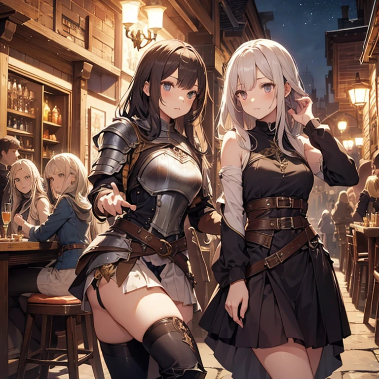 A group of female medieval fantasy adventurers, (in tavern), various hair styles, harem, night, details face, short skirt, seducing, sleeveless, armor