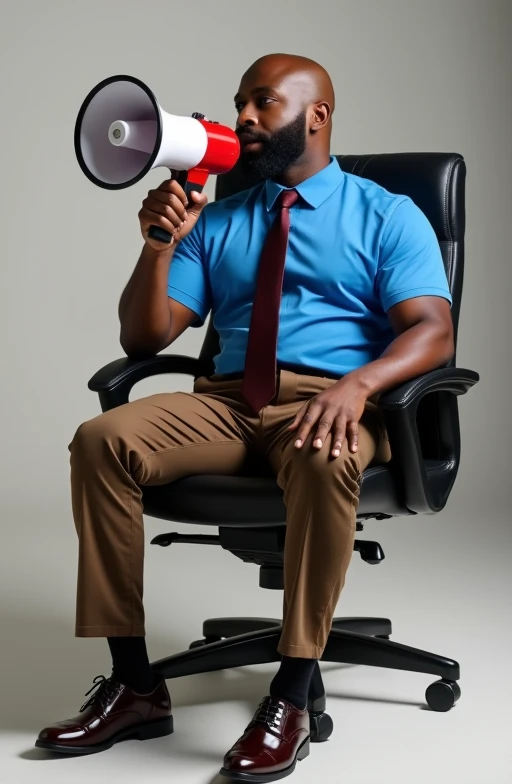 a Black man, baldie, blue polo shirt, dark brown tie and pants with elegant sneakers, sitting in a black office chair with a red and white megaphone