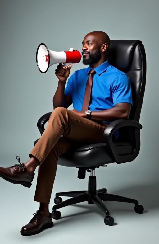 a Black man, baldie, blue polo shirt, dark brown tie and pants with elegant sneakers, sitting in a black office chair with a red and white megaphone