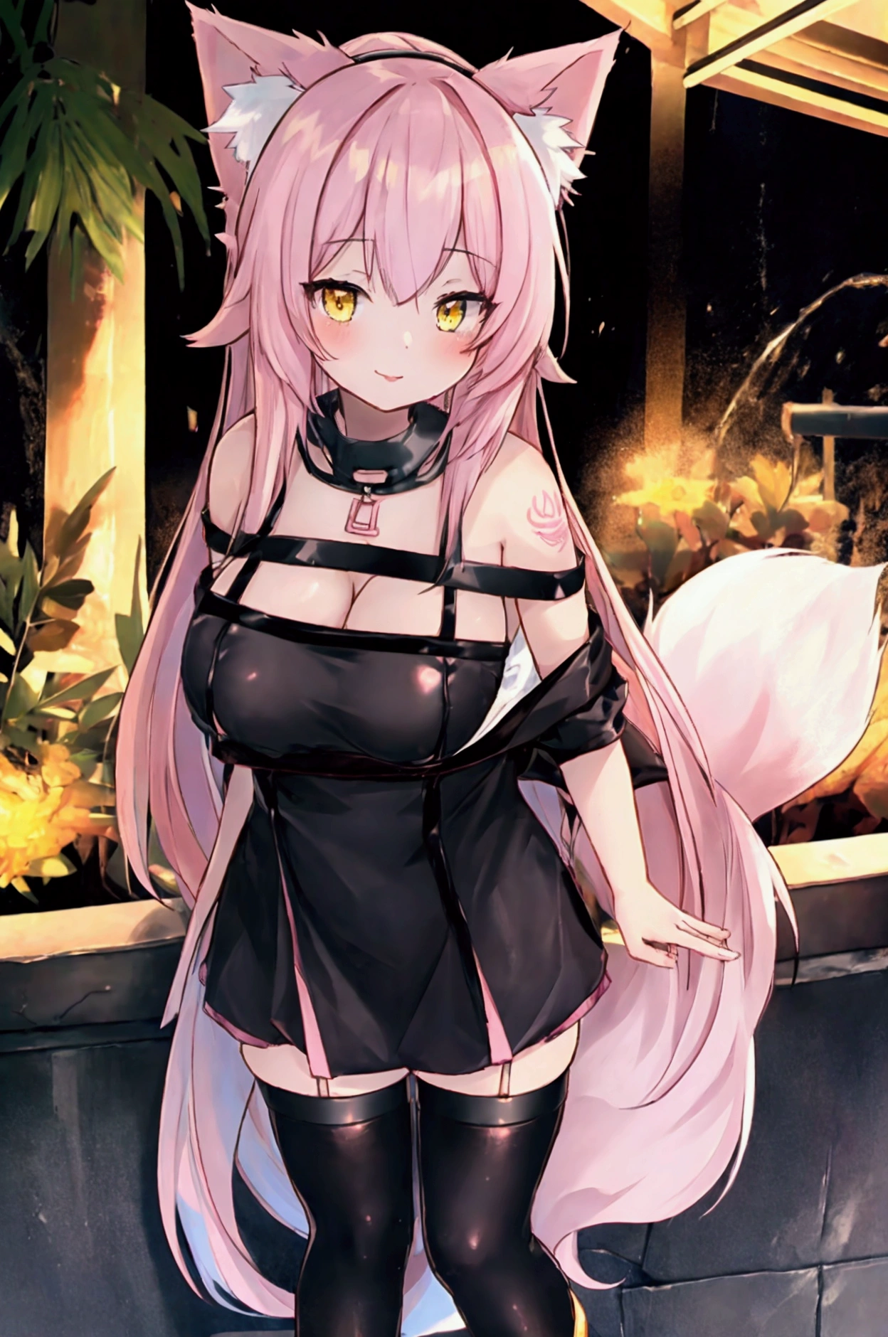 punctuation_9, punctuation_8_High above, punctuation_7_High above, fountain_アニメ, koyanmixpdxl, 1 girl, standing alone, cups, pretty long hair, pink hair, yellow eyes, pink fox ears, Pink foxtail, animal ears, fox girl, ((breasts big:1.4, busty:1.2)), Stockings, stilet heels, ssmile, natta time, penthouse apartment, natta:1, Lip gloss, Engagement Ring, femme, necklase, grey dress, jaket, Off The Shoulder, neckleace, black bra, Barcode tattoo, tattoo on arm,