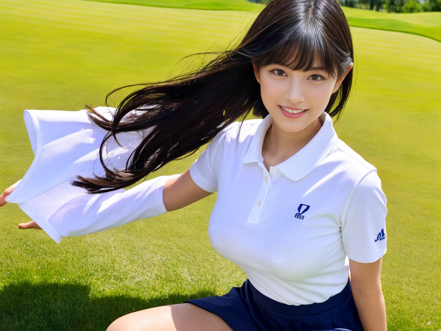 masterpiece, Highest quality, figure, Very detailed, The finer details, High resolution, 8k,wallpaper, Perfect dynamic composition,(Detailed high quality, Realistic depiction of eyes:1.3), Tight-fitting golf wear with buttons on the collar and chest, Tight golf skirt, Seraphim, Short Bob Hair, The background is an empty golf course, Deep in the field, Large Breasts, Black hair color, Big Natural Color Lip, (Perfect figure), (smile)、Harajuku Style、 in Japan:1.3), Adorable expression、Expressions of happiness、10 years old、height: 1ce、Amazingly cute、Cute typel feet, Idol Sculpture、(Big Breasts)、(Erect nipples:1.1),