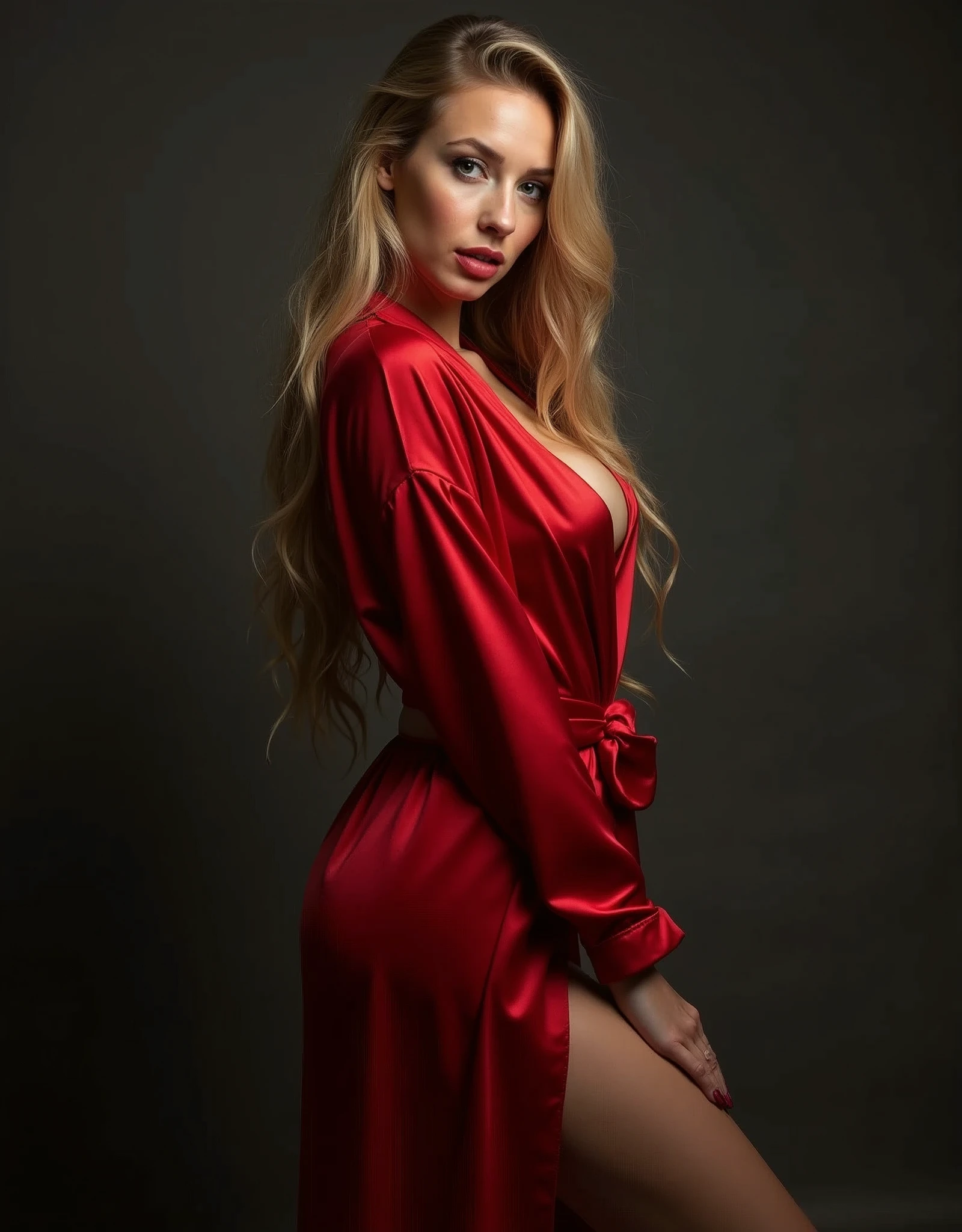 Generates the image of a Scandinavian woman, golden hair, good body, attributes in breasts and rear. The scenery must be a professional studio, NSFW pose facing forward, she must be wearing a red robe smiling, professional lighting, shadows and taken with SONY ALPHA 77