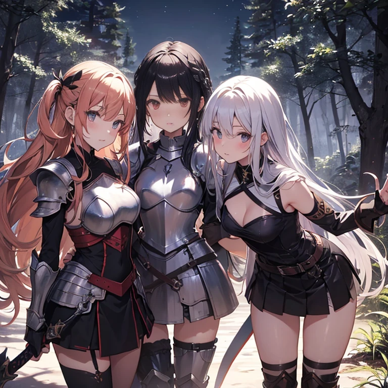 A group of  female knight, (in forest), various hair styles, harem, wearing armored clothes, metal armor, night, details face, , short skirt, seducing, sword, showing armpits, sleeveless