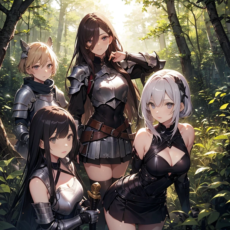A group of female knight, (in forest), various hair styles, harem, wearing armored clothes, metal armor, night, details face, , short skirt, seducing, sword, showing armpits, sleeveless