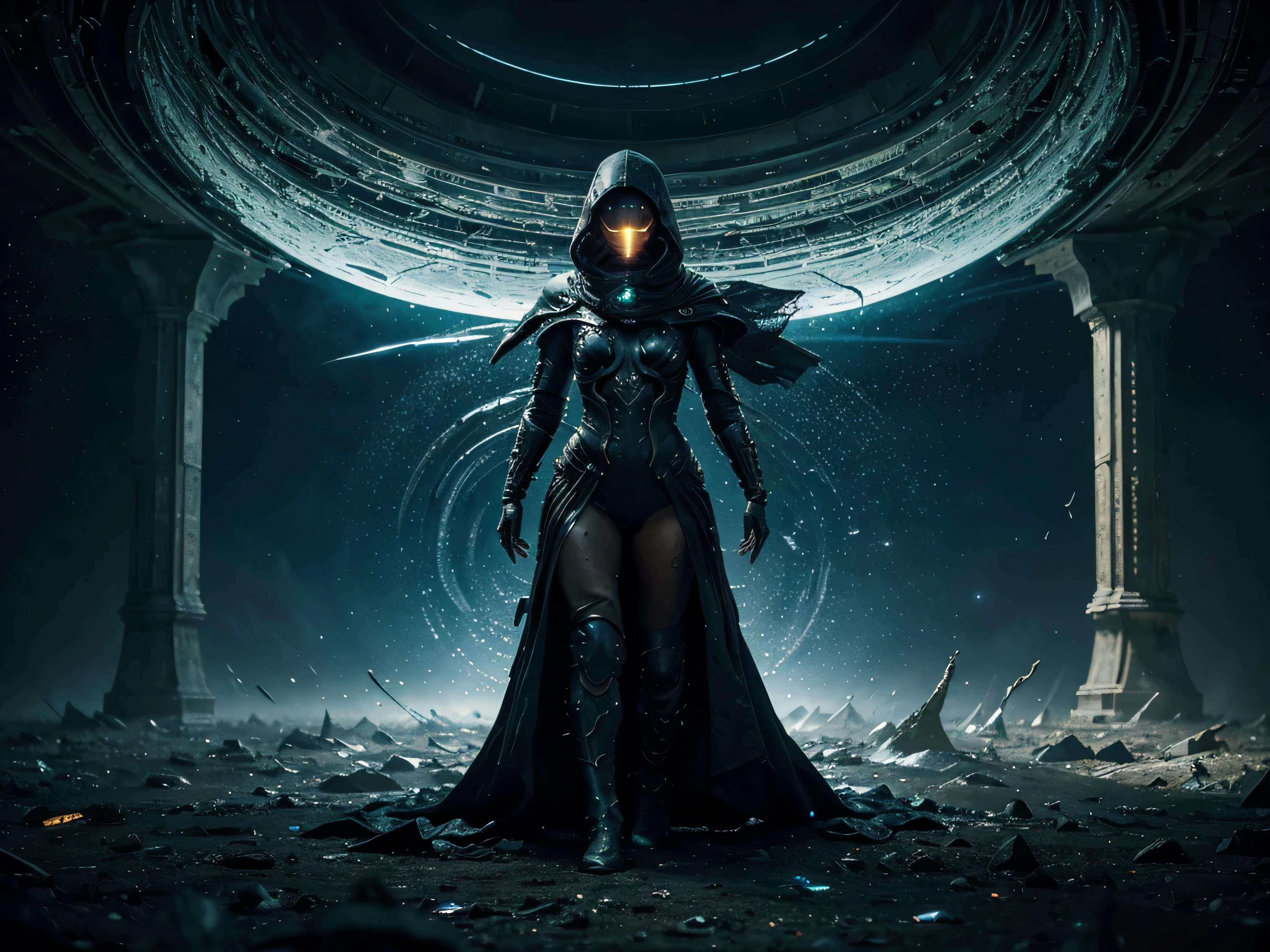 A mysterious figure in tattered, futuristic garb navigates a dark, swirling wormhole with a mix of excitement and trepidation. This enigmatic being, depicted in a striking acrylic painting, exudes an aura of resilience and determination amidst a backdrop of shimmering starlight. The captivating details, from the intricate patterns on the figure's armor to the haunting glow of the wormhole's depths, are brought to life with exceptional clarity and realism. This image captivates the viewer with its rich visual storytelling and masterful execution, inviting exploration of the unknown and the fragile balance between light and shadow.