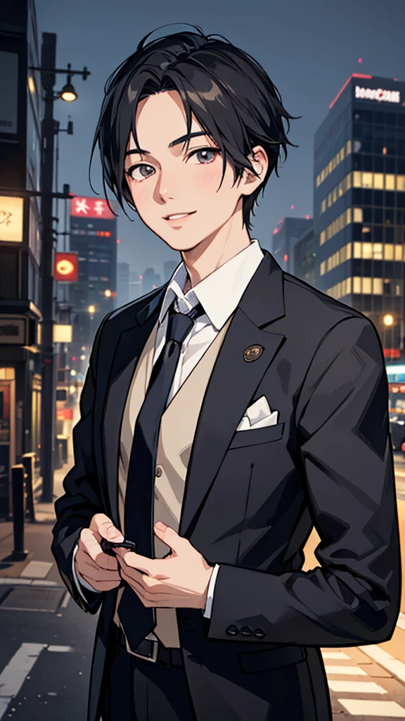 Anime Style, masterpiece, high quality, Style sheet, Fantasy, salaryman, 1 person, Detailed face, Realistic eyes, Realistic lips, Elegant suits, tie, briefcase, urban landscape background, Dramatic lighting, Vibrant colors, Structure of the film, Realistic, 8K, Super detailed,smile