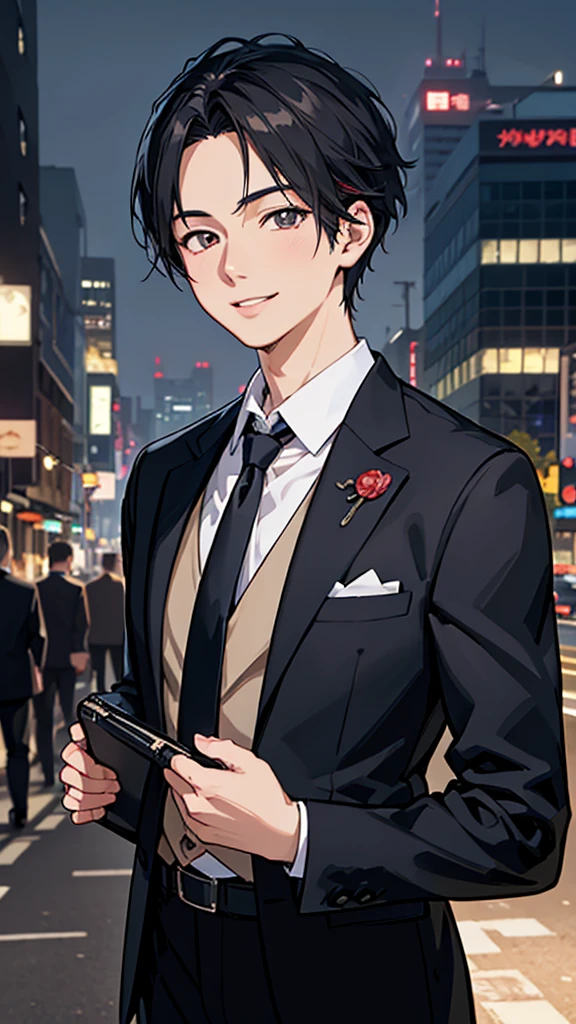 Anime Style, masterpiece, high quality, Style sheet, Fantasy, salaryman, 1 person, Detailed face, Realistic eyes, Realistic lips, Elegant suits, tie, briefcase, urban landscape background, Dramatic lighting, Vibrant colors, Structure of the film, Realistic, 8K, Super detailed,smile