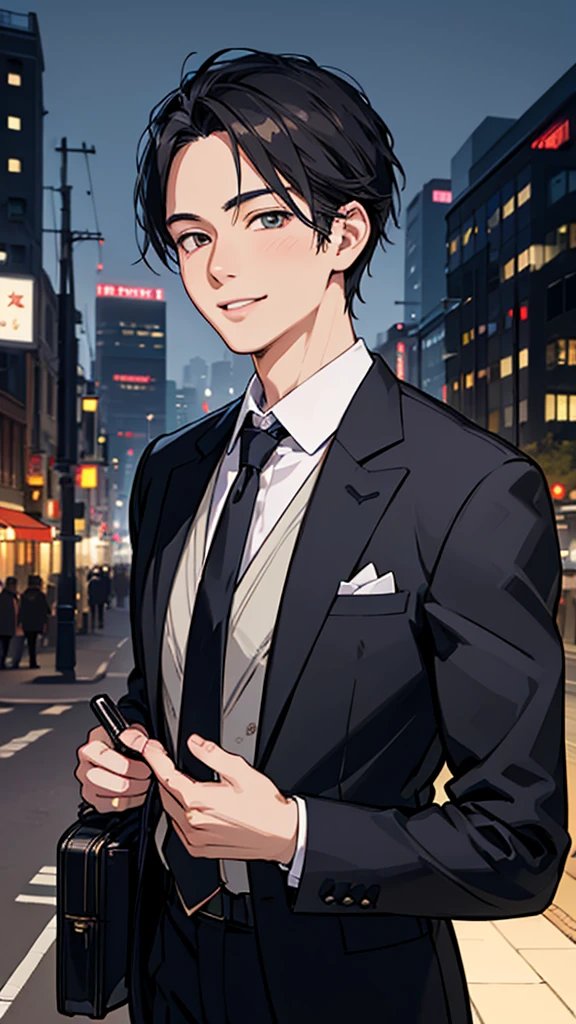 Anime Style, masterpiece, high quality, Style sheet, Fantasy, salaryman, 1 person, Detailed face, Realistic eyes, Realistic lips, Elegant suits, tie, briefcase, urban landscape background, Dramatic lighting, Vibrant colors, Structure of the film, Realistic, 8K, Super detailed,smile