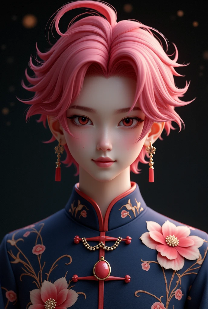 best qualityer, work of art, high resolution, 1 boy,chinese dress,hair ornament,necklase, jewerly,cos bonito,about_cos, Tyndall effect,photorrealistic, dark studio, rim lighting, two tone lighting,(highly detailed skin:1.2), 8k uhd, dslr, soft lighting, high qualiy, volumetric lighting, candid, fot, high resolution, 4K, 8k, bokeh, pink hair, Kale,가슴