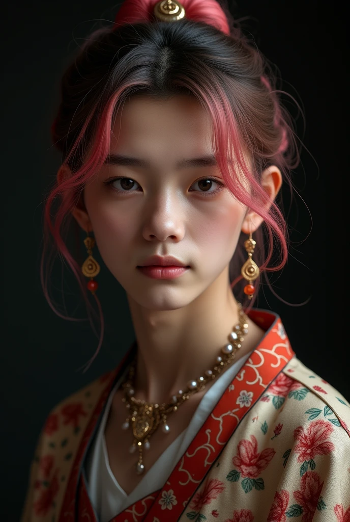 best qualityer, work of art, high resolution, 1 boy,chinese dress,hair ornament,necklase, jewerly,cos bonito,about_cos, Tyndall effect,photorrealistic, dark studio, rim lighting, two tone lighting,(highly detailed skin:1.2), 8k uhd, dslr, soft lighting, high qualiy, volumetric lighting, candid, fot, high resolution, 4K, 8k, bokeh, pink hair, Kale,가슴