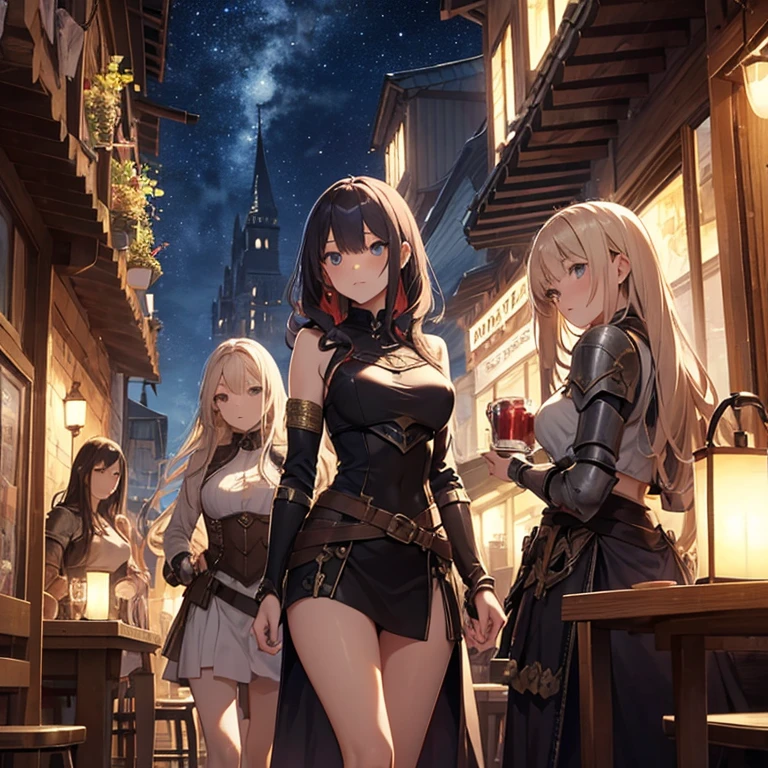 A group of female medieval fantasy adventurers, (in tavern), various hair styles, harem, night, details face, short skirt, seducing, sleeveless, armor