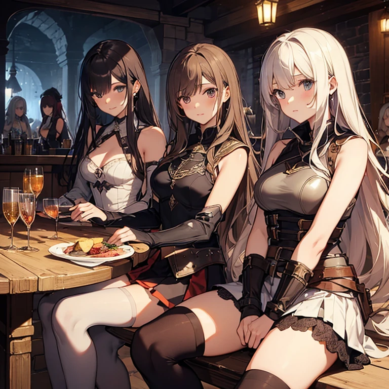 A group of female medieval fantasy adventurers, (in tavern), various hair styles, harem, night, details face, short skirt, seducing, sleeveless, armor