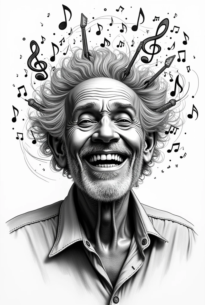 Black and white draw of an old black salsaman smilling with music around his head