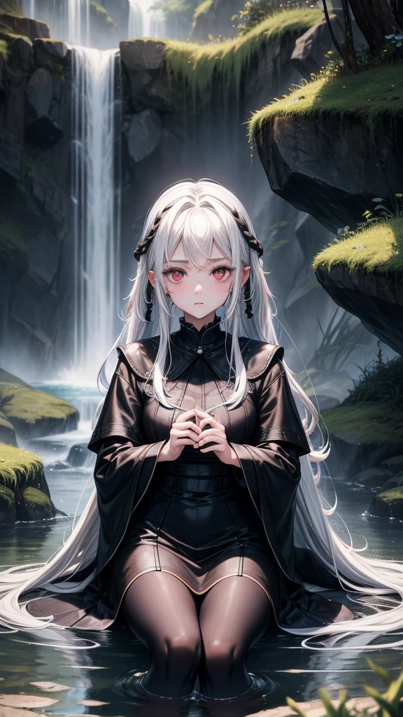 アニメ, 15 year old girl, {face perfect}, {long white hair}, {[dark red eyes]}, {asymmetrical eyes}, {perfect nose}, {visible lips}, {full body 5.0}, {black medieval leather dress}, {facing the front, looking at camera}, {sitting in a waterfall}

{8k image}, {128k ultra resolution}, {ultra quality 128k}, {128k high quality sharpness}
