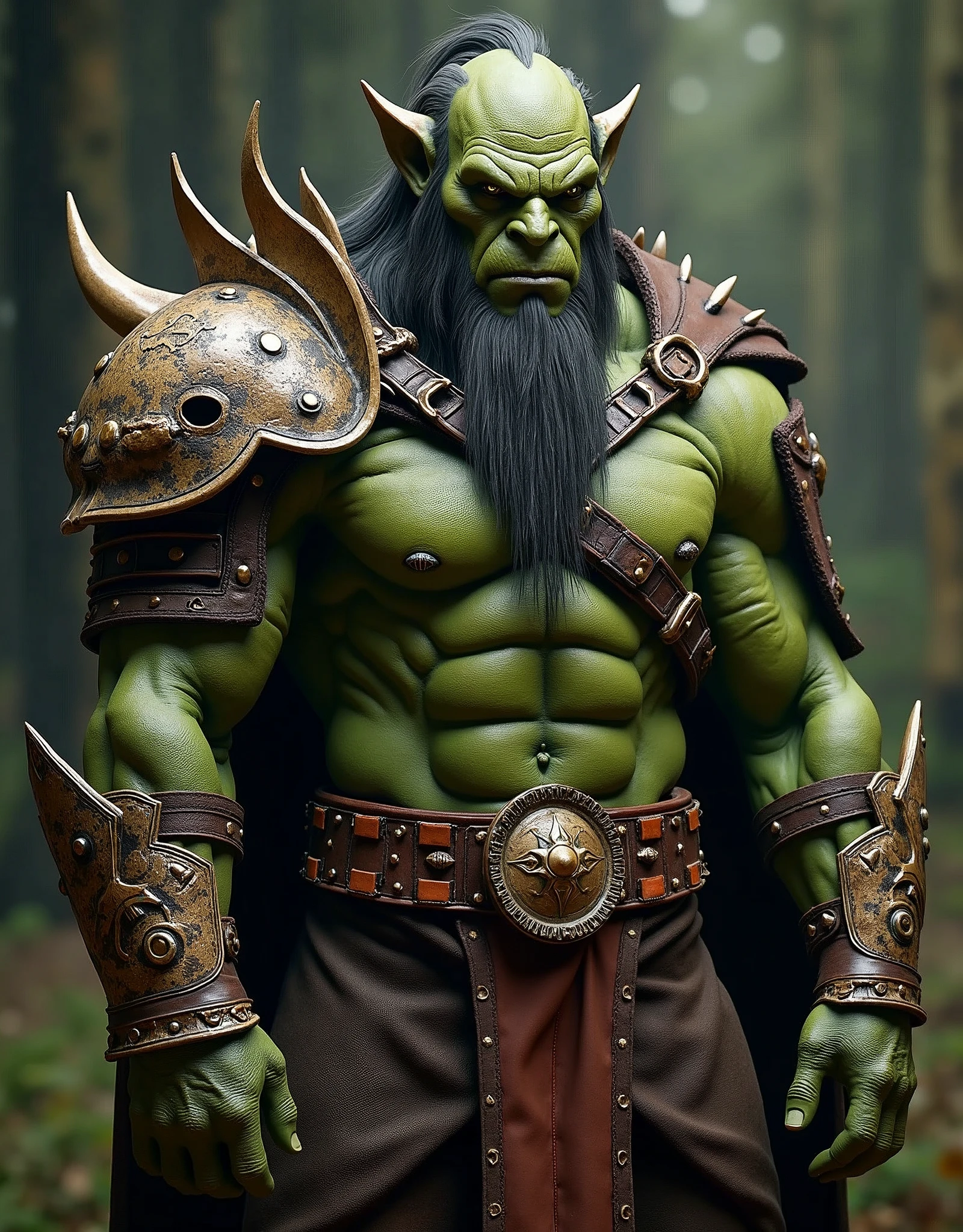 male orc, green skin, by the wide, barba, muscular, Wearing animal leather clothing, Iron armor adorned with animal bones, 8k, ultra realistic