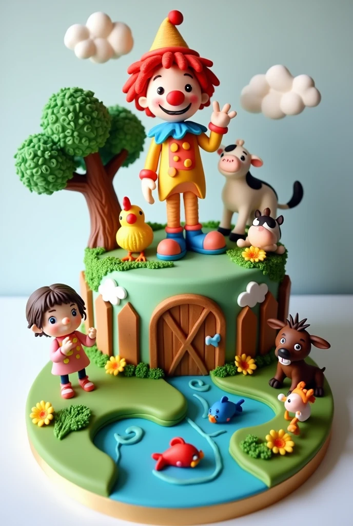 Exclusive birthday cake for a 2  with a clown and farm theme, chicken, cow, fish, tree, dog and Jesus God