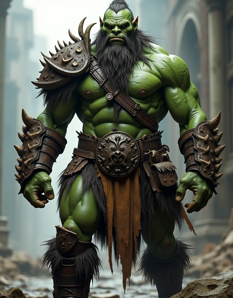 [Core Concept] A powerful and intimidating green-skinned orc warrior.

[Character Description] A towering, muscular orc with long, shaggy hair and a thick beard. His weathered, green-hued skin and imposing physique convey a sense of primal strength and resilience.

[Environment/Background] The orc is outfitted in a rugged ensemble of leather garments, crafted from the hides of various animals. His armor, forged from iron, is adorned with the bones and talons of his vanquished foes, adding an ominous and primal aesthetic.

[Style and Atmosphere] The scene exudes a gritty, ultra-realistic aesthetic, capturing the orc's raw, animalistic power and the harsh, unforgiving world he inhabits.

[Composition] The orc stands tall and imposing, his muscular frame filling the frame and commanding the viewer's attention.

[Details and Embellishments] Every intricate detail of the orc's appearance is rendered with meticulous precision, from the individual strands of his coarse hair to the intricate patterns and textures of his armor and leather garments.

[Technical Specifications] The image is rendered in stunning 8K resolution, allowing for an exceptional level of detail and realism.