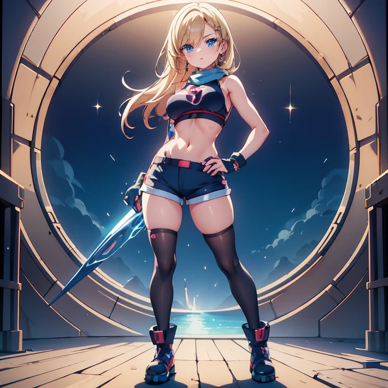 Anime Kawaii sexy Perfect Slim sensual body large breast and huge thighs, An intricate and highly detailed illustration of anime (Young girl) Steppiece, best qualityer, ultra detali, absurdrez, Portrait of the cute android18DB, lifelike face, standing alone, aretes, jewerly, , Coraggioso, closed shadow, the beach, mitts, necklase, stone, standing, fighting position, volumetric lighting, best qualityer, tabletop, details Intricate, tone mapping, sharp focus, hyper detailled Short pants sleeveless
