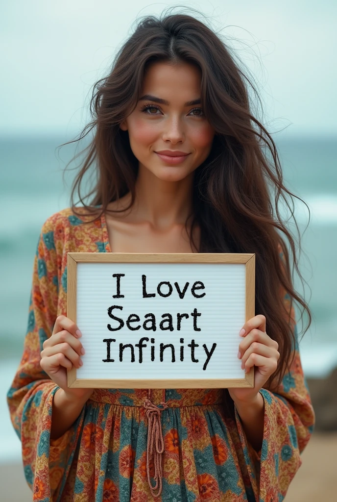 Beautiful girl with wavy long hair, bohemian dress, holding a white board with text "I Love Seaart Infinity" and showing it to the viewer
