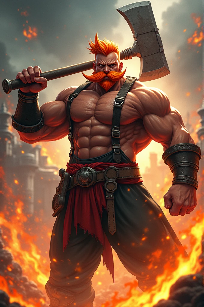 man, orange mustache, muscles, axe, fire, anime, fancy, 