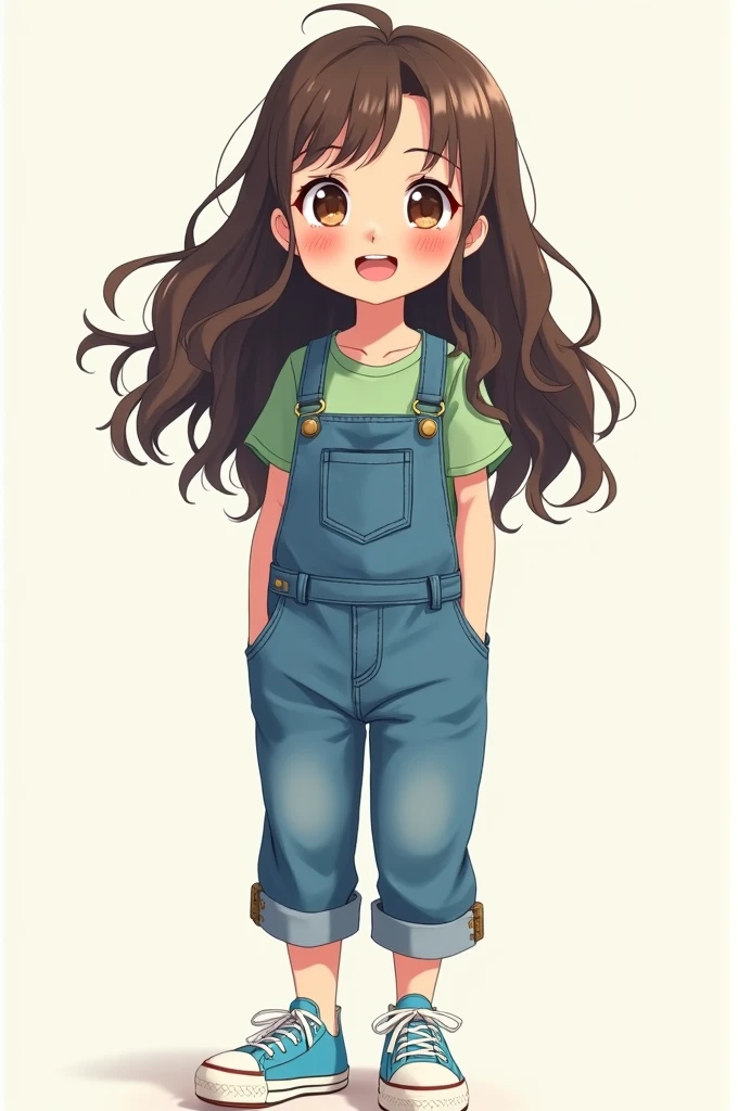 A female anime character who is around 8  has long wavy hair and brown eyes, wears denim overalls with a green shirt underneath and finally wears baby blue All Stars.