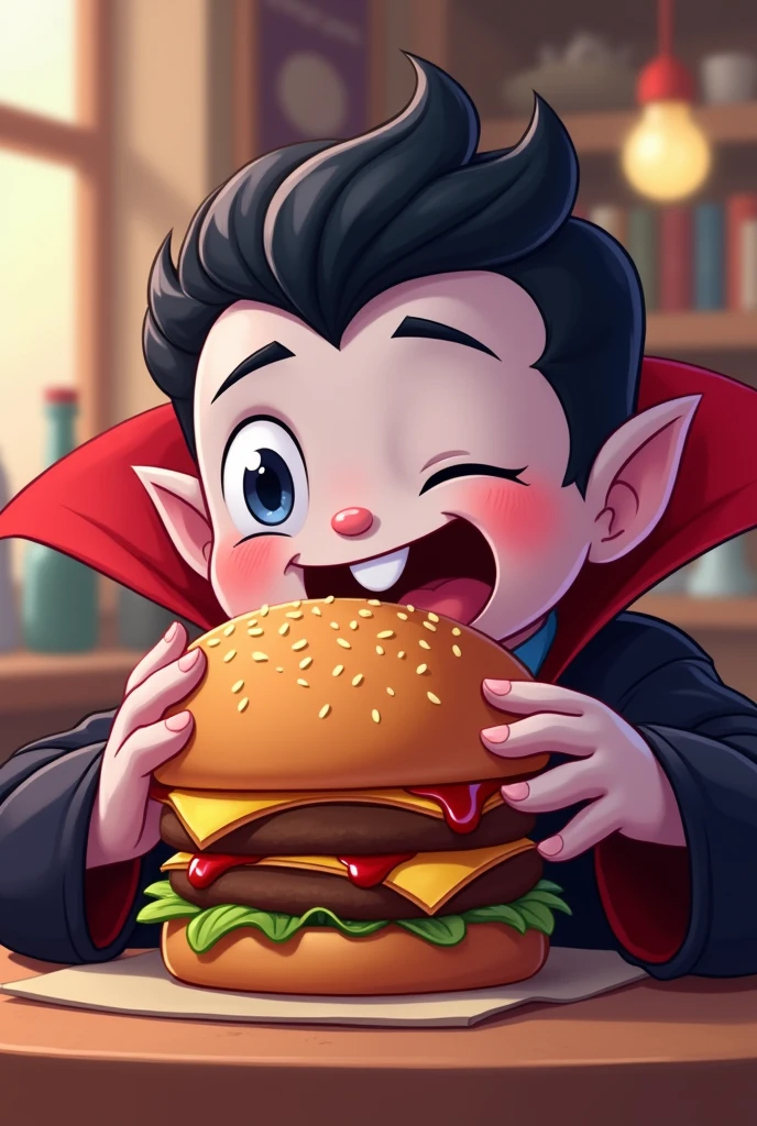 cute animated vampire eating burger with dripping ketchup, lain