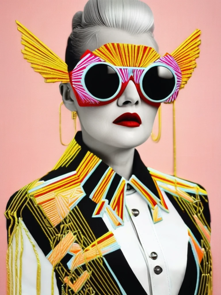 A futuristic fashionista emerges as a cyber matrix muse, her attire a blend of digital decadence and retro-futuristic opulence, pushing the boundaries of fashion.,  embroidery_on_photo : 1.4 , high fashion, trendy, stylish, editorial, magazine style, professional, highly detailed