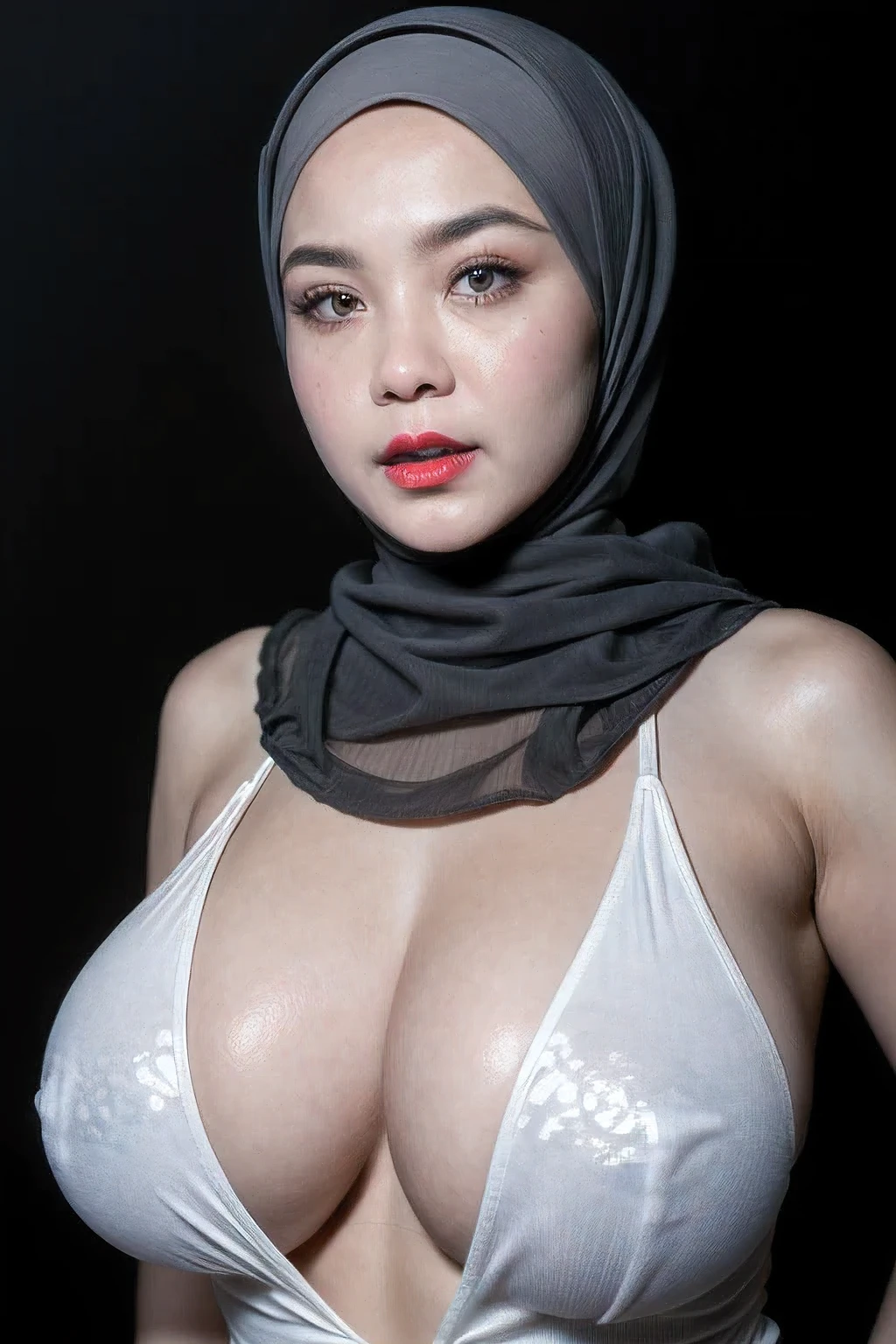 ((Red Lips)), Jumbo (Singlet), Chubby adorable, 1 girl, (face to face), , baby face, a face expression, half body portrait, (face details: 1), (eye details: 1), ((big breasts)). wearing transparent transparency soft long shirt, hijab, .. Cute posed. proportional body. Ultra High Res. realistic: 1.4, UHD, ((star pattern)), ((Bigger:2.5)), (((DARK BACKGROUND))) VIEW FROM SEDUCTIVE POSE 