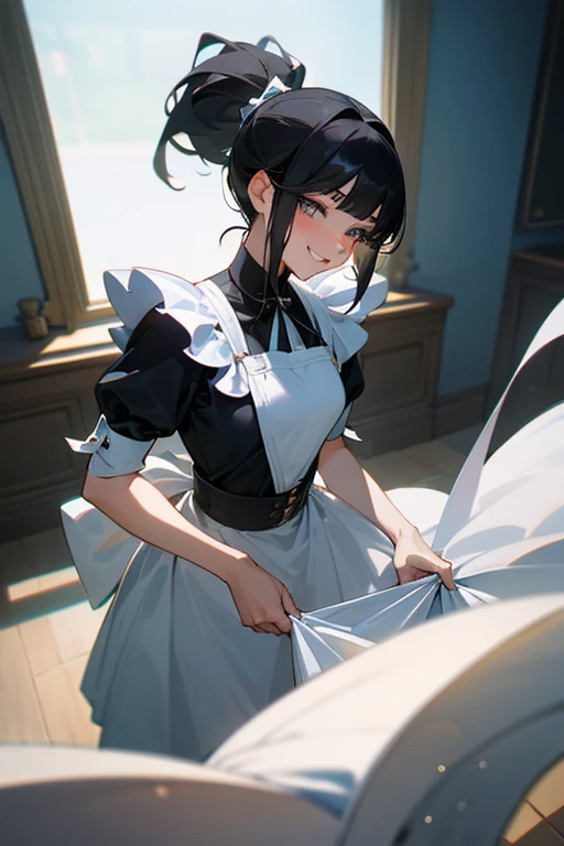 (Highest Resolution, clear_image) Highest quality, single, One woman, alone, masterpiece, Very detailed, Semi-realistic, Black Hairのショートヘア, Black Hair, bangs, 18-year-old, mature, Light blue , Indoor Background, kind, Authoritative, Powerful, exquisite features, exquisite features、Eyelashes become longer、Showing teeth、smile😀、Maid clothes、woman'Fingers in the、Sleeping on the sofa、Long Hair、Fluttering in the wind、((Change of clothes)).