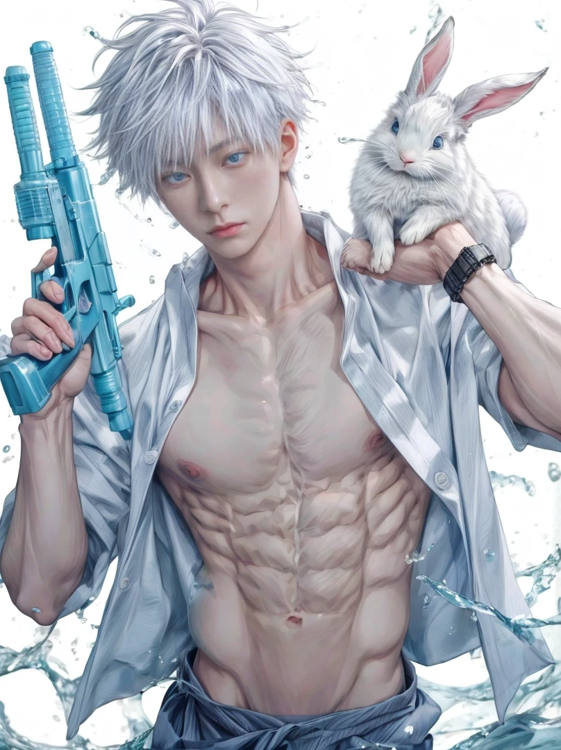 1 male, Japanese male model, high resolution 4k, adult, handsome, perfect face detail, detailed eyes and face, muscular, white eyebrow hair, white eyelashes, ????? torso, Detailed face, perfect face, dynamic lighting, Real skin texture, detail Perfect hand, details, Real and complete hand details, unreal engine, hd picture, satoru gojo, Jujutsu kaisen, white hair, short hair ,hair between eyes ,blue eyes, white skin, Shirt, rabbit, water splash detail, Water gun, 