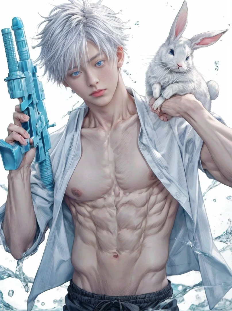 1 male, Japanese male model, high resolution 4k, adult, handsome, perfect face detail, detailed eyes and face, muscular, white eyebrow hair, white eyelashes, Naked torso, Detailed face, perfect face, dynamic lighting, Real skin texture, detail Perfect hand, details, Real and complete hand details, unreal engine, hd picture, satoru gojo, Jujutsu kaisen, white hair, short hair ,hair between eyes ,blue eyes, white skin, Shirt, rabbit, water splash detail, Water gun,