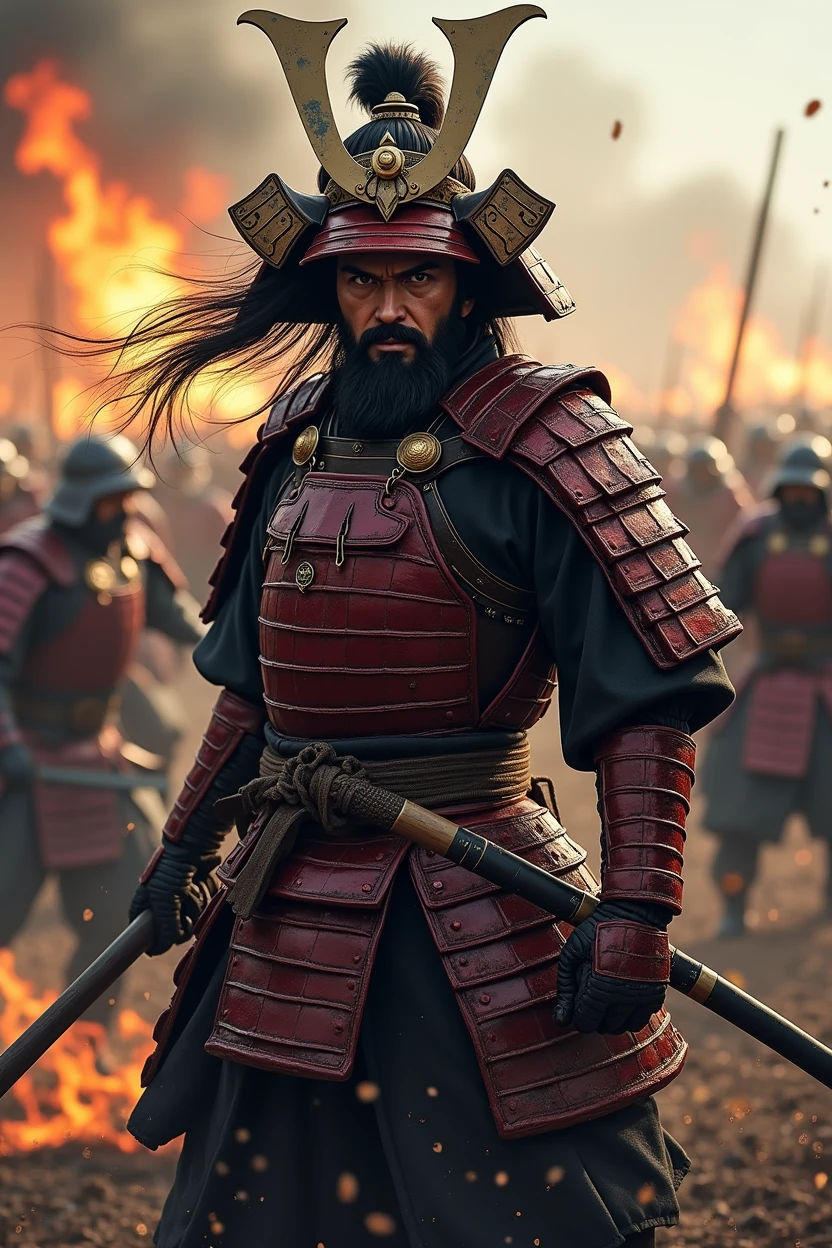 Samouraï japonais、Guerrière de la période Sengoku、Casques、Scène de bataille violente、Scène du corps entier, Il y a beaucoup de gens qui se battent、Flammes partout、Sentiment de présence。Réalité、Authenticité、25âge、cheveux noirs