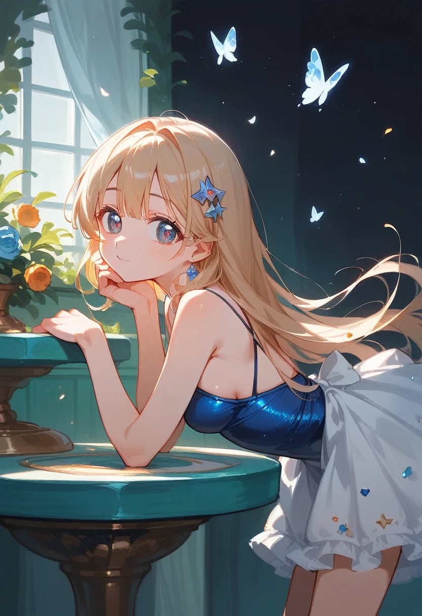 master piece , best quality , ultra detailed , woman , beautiful eyes , kawaii , cute , (masterpiece, finely detailed beautiful eyes: 1.2), ultra-detailed, illustration, 1girl, party dress,(leaning forward,:1.2),normal breasts,from side