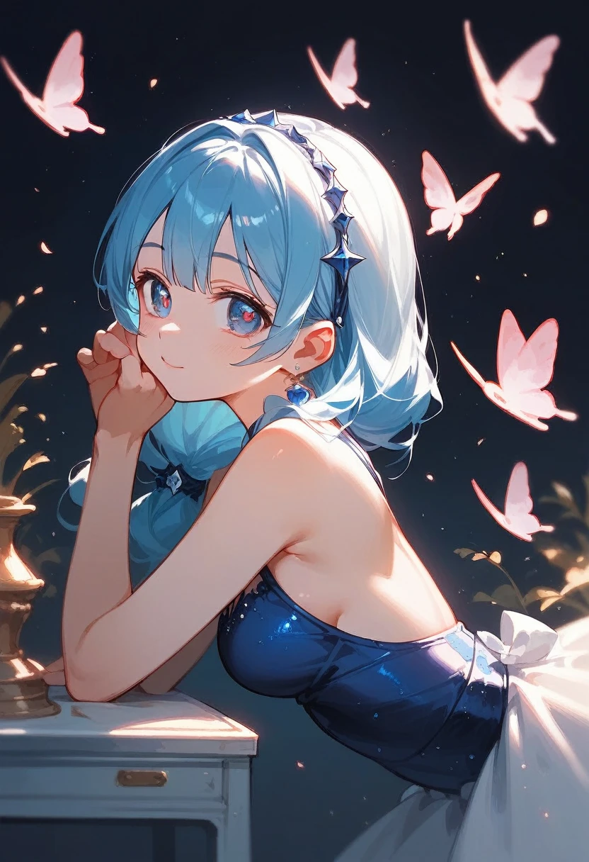 master piece , best quality , ultra detailed , woman , beautiful eyes , kawaii , cute , (masterpiece, finely detailed beautiful eyes: 1.2), ultra-detailed, illustration, 1girl, party dress,(leaning forward,:1.2),normal breasts,from side