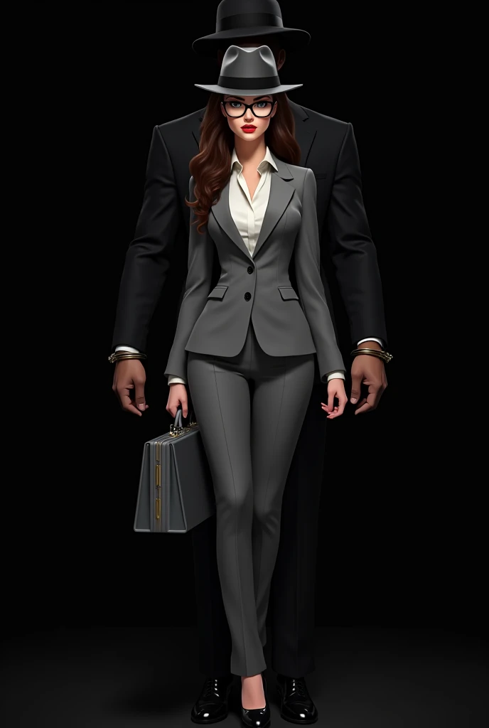 The woman is wearing a grey suit and glasses and her lips are painted red., holding a briefcase. Place it in the center of the cover to make it the focal point.. The grey suit and briefcase should be in shades that contrast well with the black background to stand out.. And a silhouette of a tall man with broad shoulders, in a black suit. The silhouette should be behind or to the side of the girl, and his hands are handcuffed forward. The hat should partially cover your face., but make sure his well-defined jaw is visible to add a touch of intrigue.