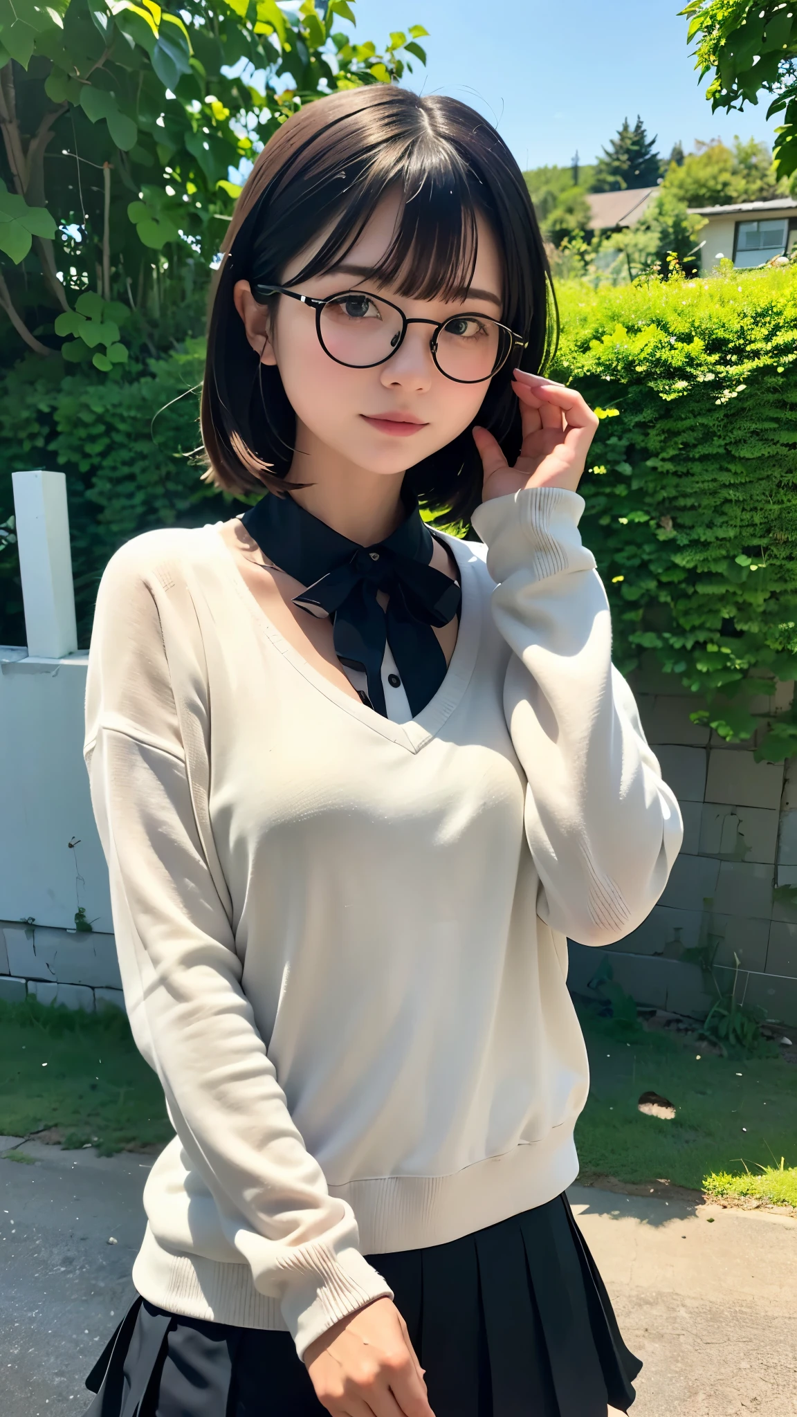 Highest quality、masterpiece、Perfect Anatomy、One Girl, Morning Clearance々he, Stand and wave, School Area, Rural Scenery, scenery, Round Glasses, School Cardigan, (Sleeves are longer than the wrist), Powerful loafers, Black ash two side up hair, Blunt bangs, Beautiful dark eyes, Black knee socks, Cinema Lighting, Upper Body, :3,Morning station, Unmanned station in the countryside, A humble station, Station platform