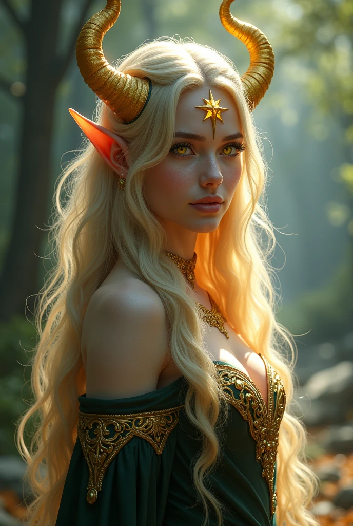 Extremely beautiful female elf sorcerer with gold horns, long light blonde hair, a gold star on her forehead, and glowing yellow eyes.
