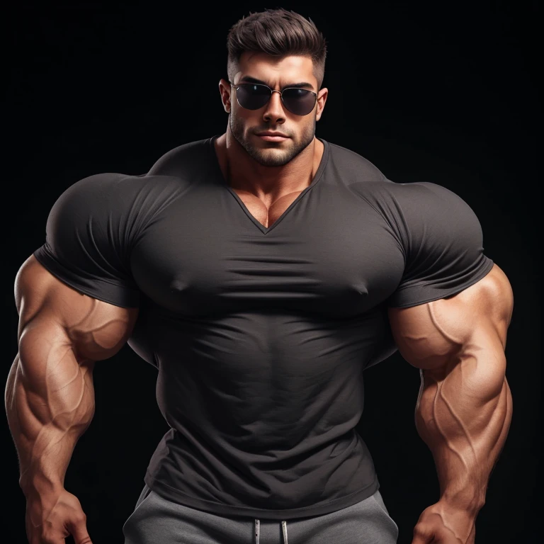 gay, style, muscle, bodybuilder, a very handsome young man, sunglasses, wearing a gray shirt, exaggeratedly muscular, exaggeratedly huge muscles, on a black background